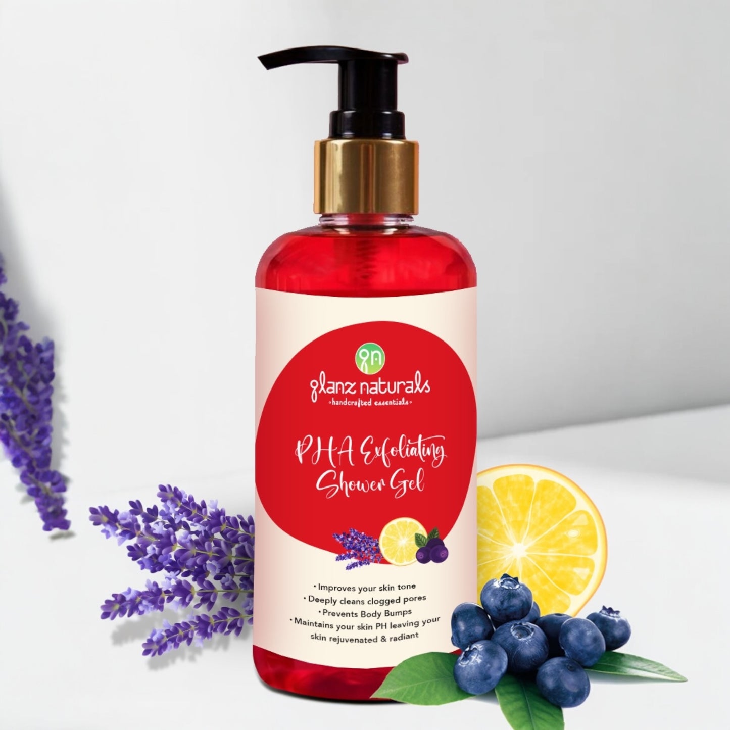 Glanz naturals PHA daily Exfoliating shower gel 300ml | 2% PHA 2% AHA | Paraben & Sulphates Free | Gentle Exfoliating Shower Gel | Removes Tan| Prevents Dry, Rough, Bumpy Skin | Men & Women